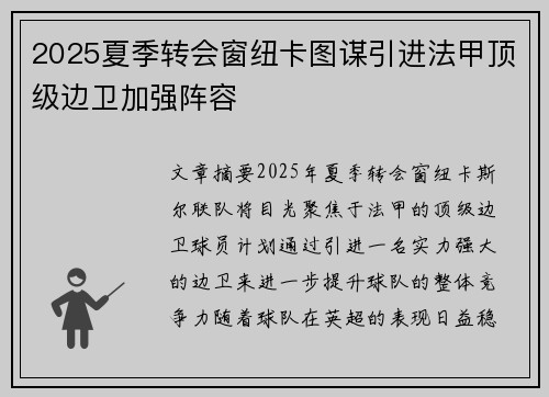 2025夏季转会窗纽卡图谋引进法甲顶级边卫加强阵容 2025夏季转会窗纽卡图谋引进法甲顶级边卫加强阵容