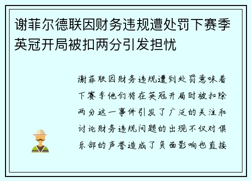 谢菲尔德联因财务违规遭处罚下赛季英冠开局被扣两分引发担忧 谢菲尔德联因财务违规遭处罚下赛季英冠开局被扣两分引发担忧